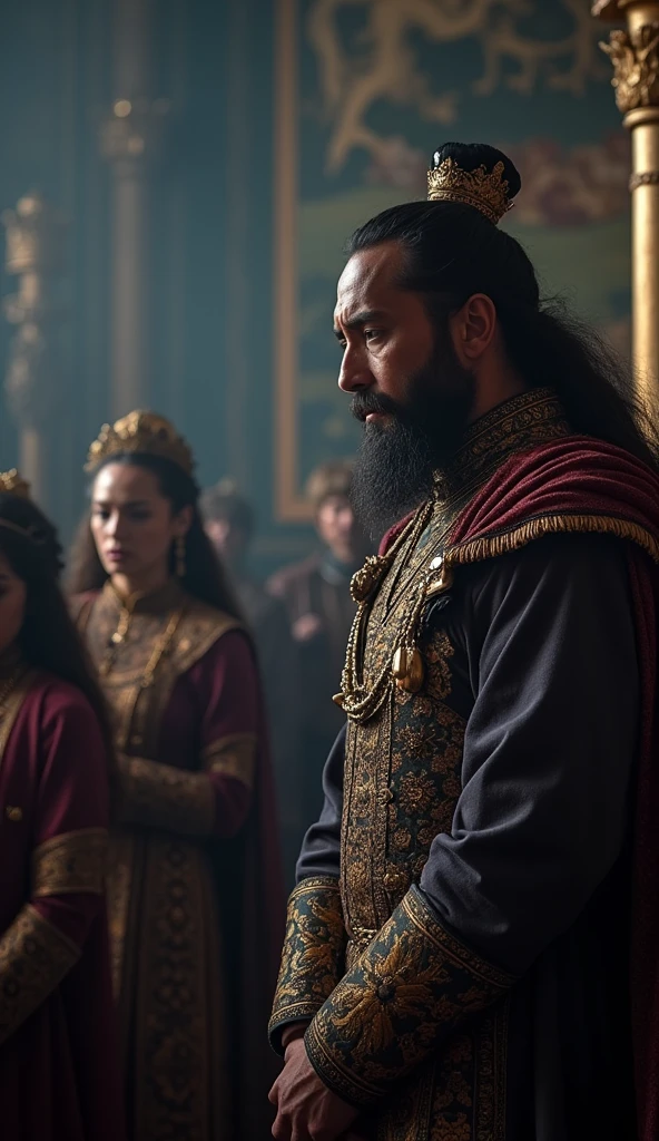**Photo Scene Prompt for SeaArt.AI Captured with a Canon EOS 5D Mark IV: King Dismissing His Wives**
*Scene Setup:* The image portrays a solemn moment inside a grand, dimly lit royal chamber where a king, with a sorrowful expression, is seen reluctantly dismissing his previous wives. The wives, dressed in traditional royal garments, appear heartbroken as they leave the scene, while the king stands near a throne, burdened by the harsh conditions imposed by Genghis Khan in preparation for his marriage to the Khan's daughter.
*Lens and Focus Settings:* Captured with a Canon EOS 5D Mark IV using a 50mm f/1.8 lens to create a shallow depth of field, the focus is primarily on the king’s sorrowful expression, with the departing wives slightly blurred in the background, emphasizing the emotional gravity of the moment.
*Lighting and Mood:* The lighting is low and moody, with soft, diffused light filtering through the chamber's windows, casting long shadows and highlighting the king's conflicted emotions. The mood is somber and tense, conveying the emotional weight of the situation.
*Character and Background Details:* The king is dressed in rich, regal attire, befitting his status, with intricate patterns and deep, royal colors. The departing wives wear similarly ornate garments, reflecting their former status as queens. The chamber itself is elaborately decorated, with tapestries and symbols of the kingdom, but the focus remains on the emotional intensity of the scene.
*Final Touches:* The color palette is muted, dominated by deep blues, purples, and golds, enhancing the somber mood of the scene. The final image captures the human cost of Genghis Khan’s strategic alliances, focusing on the sorrow and sacrifice involved in these political marriages.