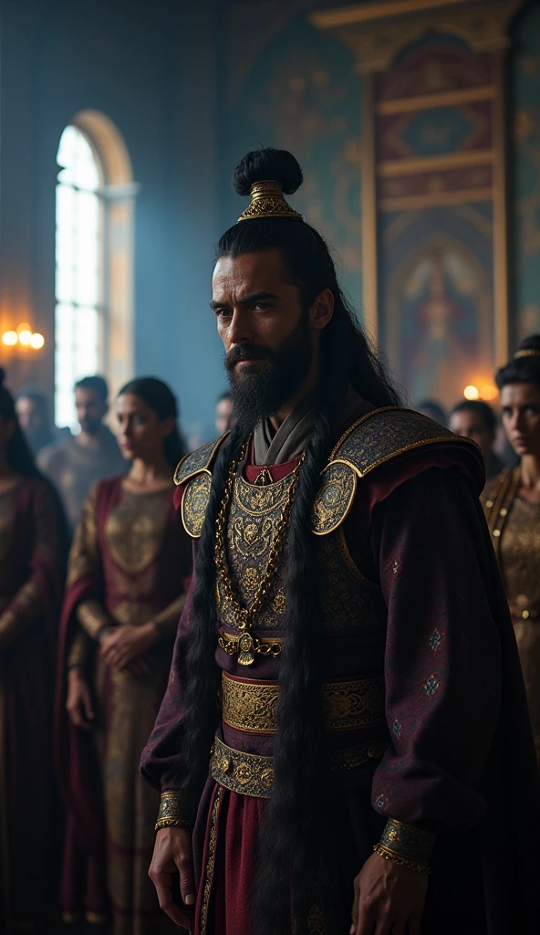 **Photo Scene Prompt for SeaArt.AI Captured with a Canon EOS 5D Mark IV: King Dismissing His Wives**
*Scene Setup:* The image portrays a solemn moment inside a grand, dimly lit royal chamber where a king, with a sorrowful expression, is seen reluctantly dismissing his previous wives. The wives, dressed in traditional royal garments, appear heartbroken as they leave the scene, while the king stands near a throne, burdened by the harsh conditions imposed by Genghis Khan in preparation for his marriage to the Khan's daughter.
*Lens and Focus Settings:* Captured with a Canon EOS 5D Mark IV using a 50mm f/1.8 lens to create a shallow depth of field, the focus is primarily on the king’s sorrowful expression, with the departing wives slightly blurred in the background, emphasizing the emotional gravity of the moment.
*Lighting and Mood:* The lighting is low and moody, with soft, diffused light filtering through the chamber's windows, casting long shadows and highlighting the king's conflicted emotions. The mood is somber and tense, conveying the emotional weight of the situation.
*Character and Background Details:* The king is dressed in rich, regal attire, befitting his status, with intricate patterns and deep, royal colors. The departing wives wear similarly ornate garments, reflecting their former status as queens. The chamber itself is elaborately decorated, with tapestries and symbols of the kingdom, but the focus remains on the emotional intensity of the scene.
*Final Touches:* The color palette is muted, dominated by deep blues, purples, and golds, enhancing the somber mood of the scene. The final image captures the human cost of Genghis Khan’s strategic alliances, focusing on the sorrow and sacrifice involved in these political marriages.