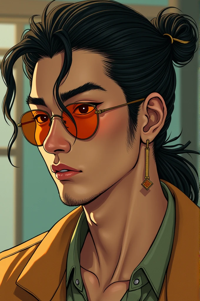 (photorealism:1.2), Japanese man, has mullet hair tied in small braid, has sleepy green eyes, wearing orange sunglasses, has aquiline nose, has sharp jawline, relaxed pose, realistic, intricate details, warm colors, by Greg Rutkowski, by Alphonse Mucha