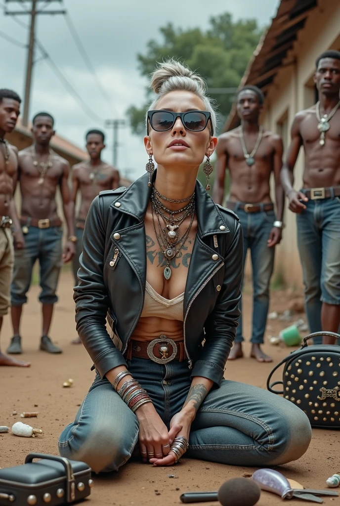 russian milf woman, grey hair (pouf, and top bun and shaved sides) and oversized square maxi sunglasses as headband, with very light blue eyes, extremely pale. Wearing aged black cropped moto jacket with padded shoulders, with lots of zippers and pins; aged dirty tight push up tank top , skinny aged blue jeans and dirty white tennis sneakers. Dirty knees and dusty hands. Lots of metallic bracelets, lots of boho pendants and lots of colourful beads collars. Tacky wide studded leather belt with oversized skull and bones buckle. Long bohemian earrings with colourful feathers. Kneeling like in a payer, looking up, chin up stretching her neck , humble facial expression. Hands on her knees, showing off bracelets and rings. studded black leather tote bag with chains on the floor, next to her.. Listening in amazement to somebody speaking to her, well toned abdominals, thin neck, slim legs and thin arms. Tattoed heavily on chest and hands. Dirt street in Kenian village full of waste. A lot of tanned shirtless fat men in jeans around looking at her. next to her, all her belongings scattered on the floor: makeup kit, little makeup mirror, studded black leather tote bag, lipstick, wallet, moble etc on the floor