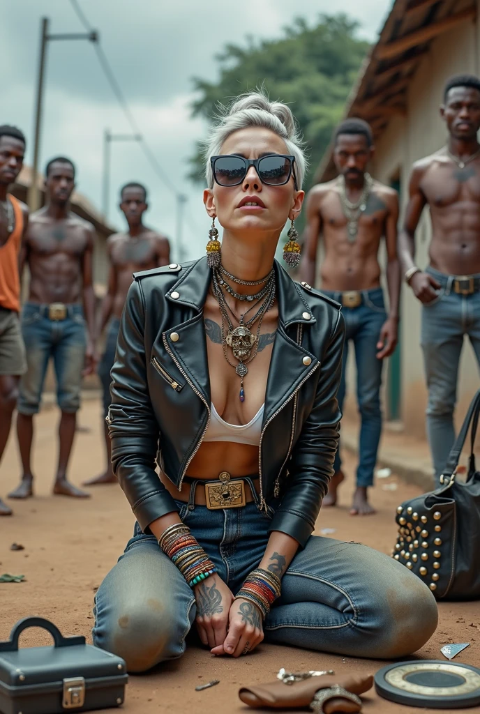 russian woman, grey hair (pouf, and top bun and shaved sides) and oversized square maxi sunglasses as headband, with very light blue eyes, extremely pale. Wearing aged black cropped moto jacket with padded shoulders, with lots of zippers and pins; aged dirty tight push up tank top , skinny aged blue jeans and dirty white tennis sneakers. Dirty knees and dusty hands. Lots of metallic bracelets, lots of boho pendants and lots of colourful beads collars. Tacky wide studded leather belt with oversized skull and bones buckle. Long bohemian earrings with colourful feathers. Kneeling like in a payer, looking up, chin up stretching her neck , humbial expression. Hands on her knees, showing off bracelets and rings. studded black leather tote bag with chains on the floor, next to her.. Listening in amazement to somebody speaking to her, well toned abdominals, thin neck, slim legs and thin arms. Tattoed heavily on chest and hands. Dirt street in Kenian village full of waste. A lot of tanned shirtless fat men in jeans around looking at her. next to her, all her belongings scattered he floor: makeup kit, little makeup mirror, studded black leather tote bag, lipstick, wallet, moble etc on the floor