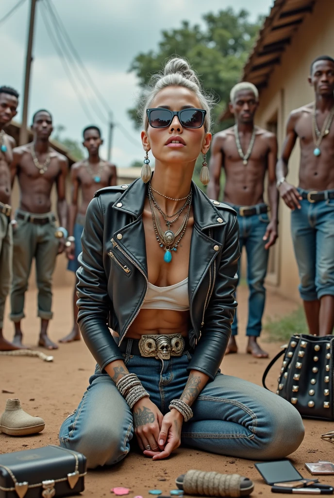 russian milf woman, grey hair (pouf, and top bun and shaved sides) and oversized square maxi sunglasses as headband, with very light blue eyes, extremely pale. Wearing aged black cropped moto jacket with padded shoulders, with lots of zippers and pins; aged dirty tight push up tank top , skinny aged blue jeans and dirty white tennis sneakers. Dirty knees and dusty hands. Lots of metallic bracelets, lots of boho pendants and lots of colourful beads collars. Tacky wide studded leather belt with oversized skull and bones buckle. Long bohemian earrings with colourful feathers. Kneeling like in a payer, looking up, chin up stretching her neck , humble facial expression. Hands on her knees, showing off bracelets and rings. studded black leather tote bag with chains on the floor, next to her..  Listening in amazement to somebody speaking to her, well toned abdominals, thin neck, slim legs and thin arms. Tattoed heavily on chest and hands.  Dirt street in Kenian village full of waste. A lot of tanned shirtless fat men in jeans around looking at her. next to her, all her belongings scattered on the floor: makeup kit, little makeup mirror, studded black leather tote bag, lipstick, wallet, moble etc on the floor