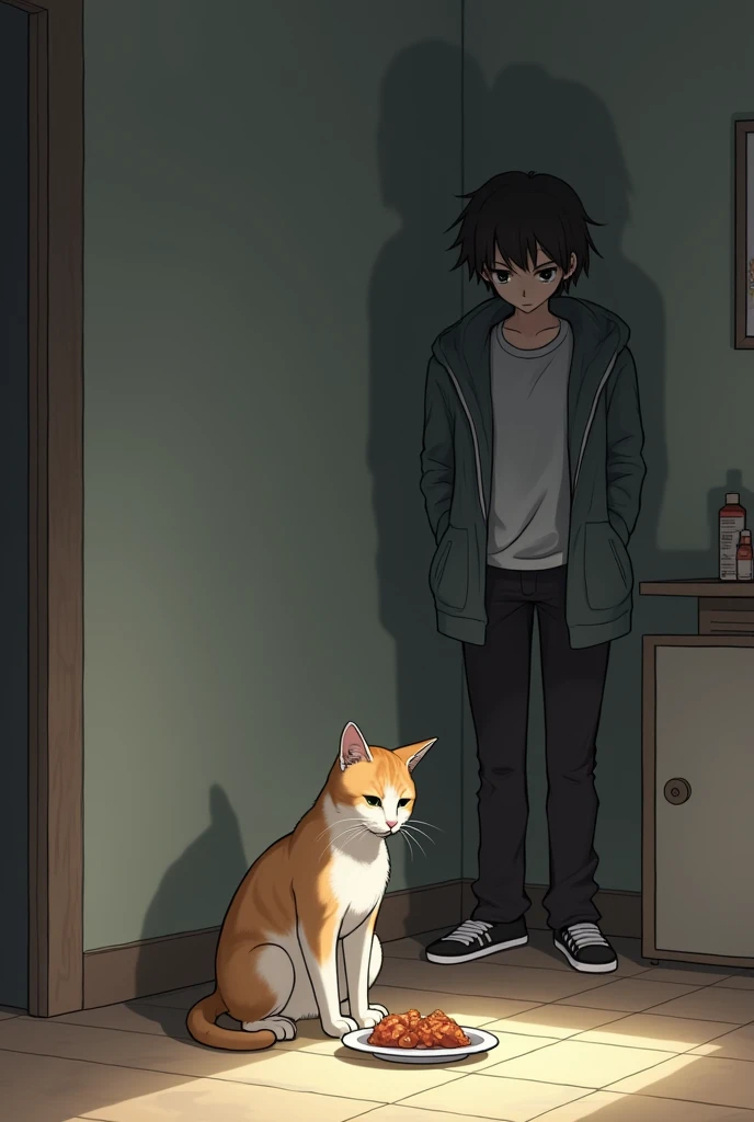 The cat sits in a corner with a small, sad-looking portion of food in front of it, clearly being put on a diet. The owner stands nearby with a stern but caring look.