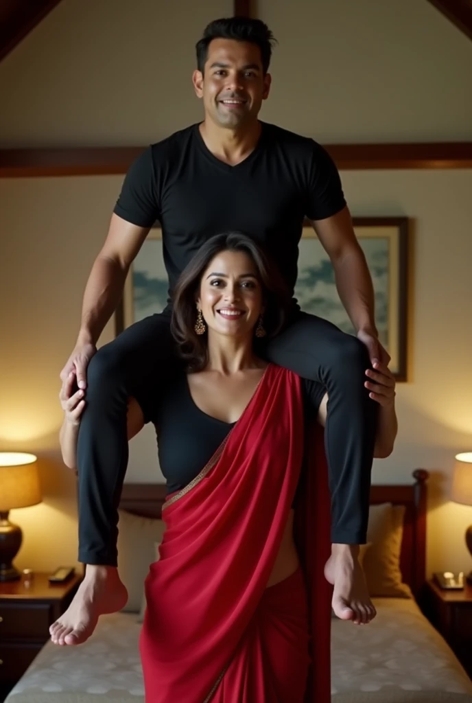 Beautiful and Slim Indian woman Aishwarya Rai in green blouse red saree lifting a large chubby man above her shoulders, man is sitting on woman's shoulder, in a bedroom, natural smile, woman is looking into the camera , she is holding his hands, full body image