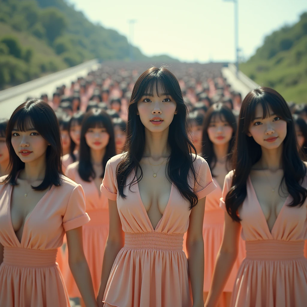 (((((Japanese Clone girls=Myself)))))), (((best masterpiece Clone girls Raw Photography Art))), (16K, Highest quality, Ultra-high resolution, RAW Photos), (((Unrealistic, Unparalleled depiction, An unbelievable sight, Unprecedented and shocking, In a world where myselves are multiplied, Ultra-realistic))), (((Japanese, woman, 26yo, Sasaki Nozomi))), (Small face, ((Thick black hair, Semi-long hair))), ((V-neck short-sleeve dress)), (((((Very beautiful detailed girls, Accurate body structure, Very detailed完璧な, A super busty body with very large breasts, Great proportions, super big breasts, Big, voluptuous breasts, The cleavage is very plump and emphasized))))), (((Dark Eyes, Mature face, Cute Smile, A gentle gaze, ((Very happy laughter))))), ((((((((Very detailedcloning描写, ((1girl→cloning→1,000,000,000,000,000,000,000,000girls)))))))))), ((((((((Very detailed, The precise depiction of the double, ((With the exact same female body, With the exact same face, With the exact same hairstyle, In the exact same clothes, At the exact same height, The same exact super big boobs)))))))))), (((Myself only))), (((100,000,000,000,000,000,000,000,000,000,000,000,000,000,000Myself))), (Beautiful poses to raise the actress's consciousness, Cleavage Emphasis, Walk freely), (((Very detailed, Myself and each other, hug, Back to Back, Myself big collection, Fun conversation with myself, A happy conversation with myself, Kiss Myself Everywhere, Doting on Myself))), (Free pose), (Sexual seduction), (((Unbelievably crowded, Close contact between transcendent selves, Countless "myselves" completely surround me in 360 degrees))), (Bright and soft sunlight), (((super wide view, Very wide field of view, Very detailed, Detailed ultra-perspective depiction with clear depth))), (((Flat and gently undulating terrain, ((Slope)), The countless "myselves" filling the city's boulevards and scramble intersections continue to grow infinitely, reaching beyond the horizon))), (Focus on the center of the group)
