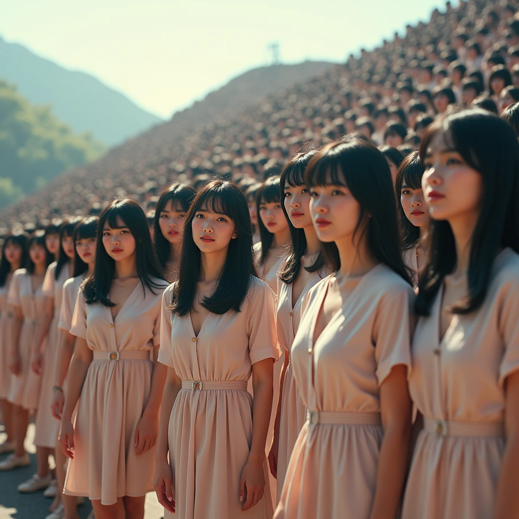 (((((Japanese Clone girls=Myself)))))), (((Best Super High quality Myself Clone girls Raw Photography Art))), (16K, Highest quality, Ultra-high resolution, RAW Photos), (((It's so unrealistic., With unparalleled depiction, With an unfathomable sight, An unprecedented and shocking worldview, Clone girls in a world of mass reproduction, Ultra-realistic))), (((Japanese, woman, 20yo, Saito-Asuka))), (Small face, ((Thick black hair, Semi-long hair))), ((V-neck short-sleeve dress)), (((((Very detailed美しい女体, Accurate body structure, Very detailed完璧な, Super busty body with very large breasts, Clearly emphasizes cleavage))))), (((Dark Eyes, Mature face, Cute Smile, A gentle gaze))), (((Her happy and smiling expression is so cute))), ((((((((Very detailed分身増殖描写, ((1girl→Myself cloning→1,000,000,000,000,000,000,000,000,000,000,000,000,000,000,000,000,000,000,000,000Myself Clone girls)))))))))), ((((((((Very detailed, The precise depiction of the proliferation of Myself Clone girls, ((With the perfectly identical bodies of Myself clone girls, With the exact same face as the Myself clone girls, With the exact same hairstyle as the Myself clone girls, In the exact same clothes as the girls who are my clones, Perfectly the same height as the Myself clone girls, Super big breasts, just like the Myself clone girls)))))))))), (((Myself clone girls only))), (((Multiple pairs, Very detailed depiction, (Myself clone girls hug each other, Myself clone girls assemble, Fun conversations with fellow Myself clone girls, A fun conversation between Myself clone girls, Myself clone girls holding hands, Walking with lots of Myself clone girls, turn around, look at me)))), (((Everyone looks at the camera))), (((Unbelievably crowded, Transcendent Myself clone girls intimately, Countless Myself clone girls surround you in 360 degrees))), (Bright, soft sunlight), (((Very wide field of view, Very detailed, Detailed ultra-perspective depiction with clear depth, super wide view))), (((((A place with a steeply curved slope))))), (((Very photographic and detailed depiction, Myself clone girls will multiply infinitely and fill the surroundings from one side to the horizon with their bodies tightly packed together without any gaps., A scene of endless Myself clone girls and a fun atmosphere))), (Focus on the average value of the image)