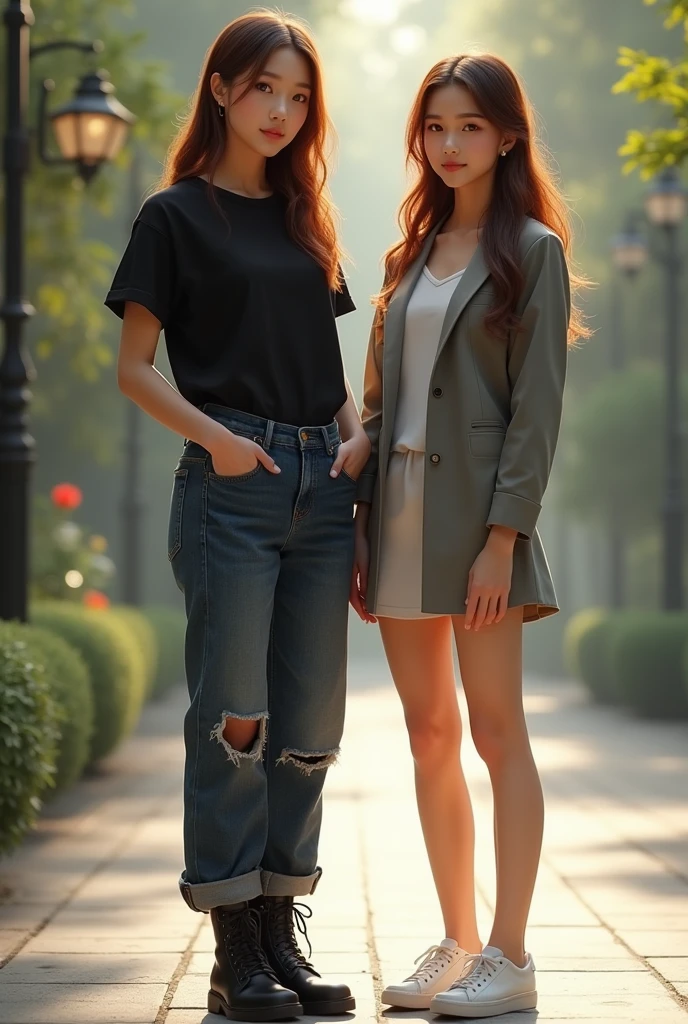 Two young Thai women, one being taller, chestnut hair, Caucasian skin, dark, slanted eyes, being 30 years old, wearing a black shirt and baggy jeans, black boot, businesswoman. With one by his side who is supposedly his girlfriend, between 20 and 2, a thai asian, slanted eyes, wearing a thigh-high dress, tennis, Caucasian skin cabelo médio. They are in a place that tonight is a quiet environment. one next to the other, looking forward.