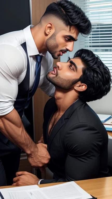 Business man Indian Gurjar gay couple wetty mouth to mouth tounge to tounge kissing and sucking lower lip, bitting lower lip during kissing saliva dripping from mouth with big shinning eyes big lips wide jawline beautiful hunk face spiky black hairstyle, seductive kissing in office