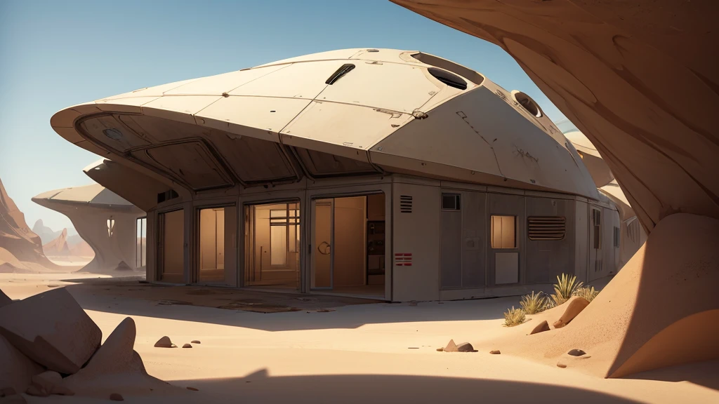 Make a scene of a futuristic laboratory building. sand tones. Desert and abandoned biome. 