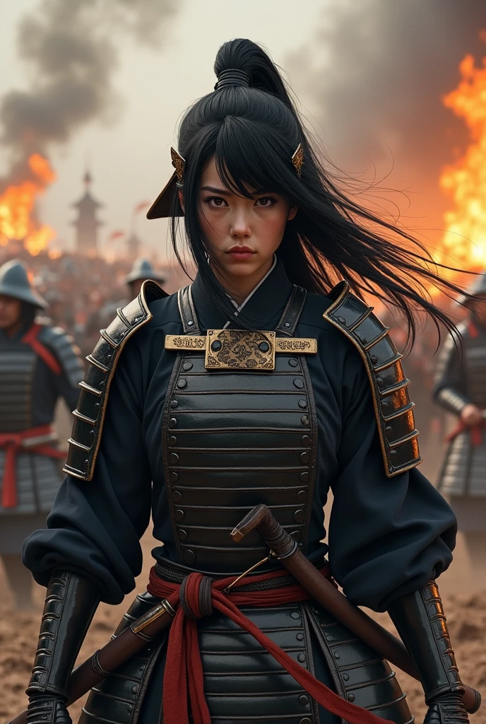 Japan Female Samurai、Female warriors of the Sengoku period、Wearing a helmet、Scene of fierce fighting、There are many people fighting around、Flames are rising all around、Sense of presence。Real、Genuine、25age、Black Hair