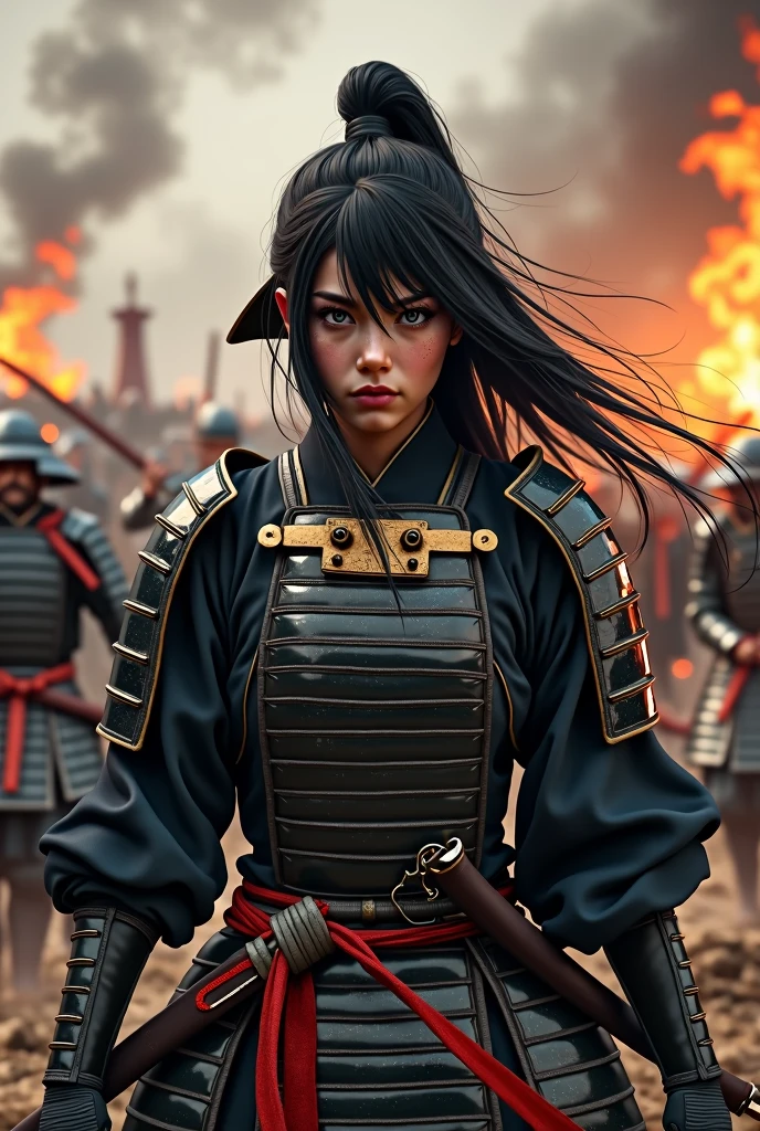Create the image of a black samurai woman, with braided dreadlocks, modern hair posing in Japan with a beautiful sunset and covered in blood in white blue and white , with full body view