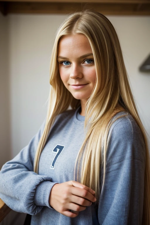 Medium view, of young aged, 1, face portrait, Scandinavian features,long hair, blond hair, high quality, pretty, gorgeous, beautiful, denmark soccer jersey, in cozy fjord home,