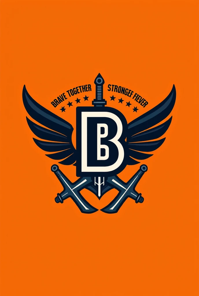 create creatives logo image with the capitol letter word of BRAVE BATTALION, color theme bright orange, insert Two cross arming swords clattered, write the motto "Brave Together, Stronger Forever", insert 12 embedded stars in the logo to represent the team members, don't insert dark human image
