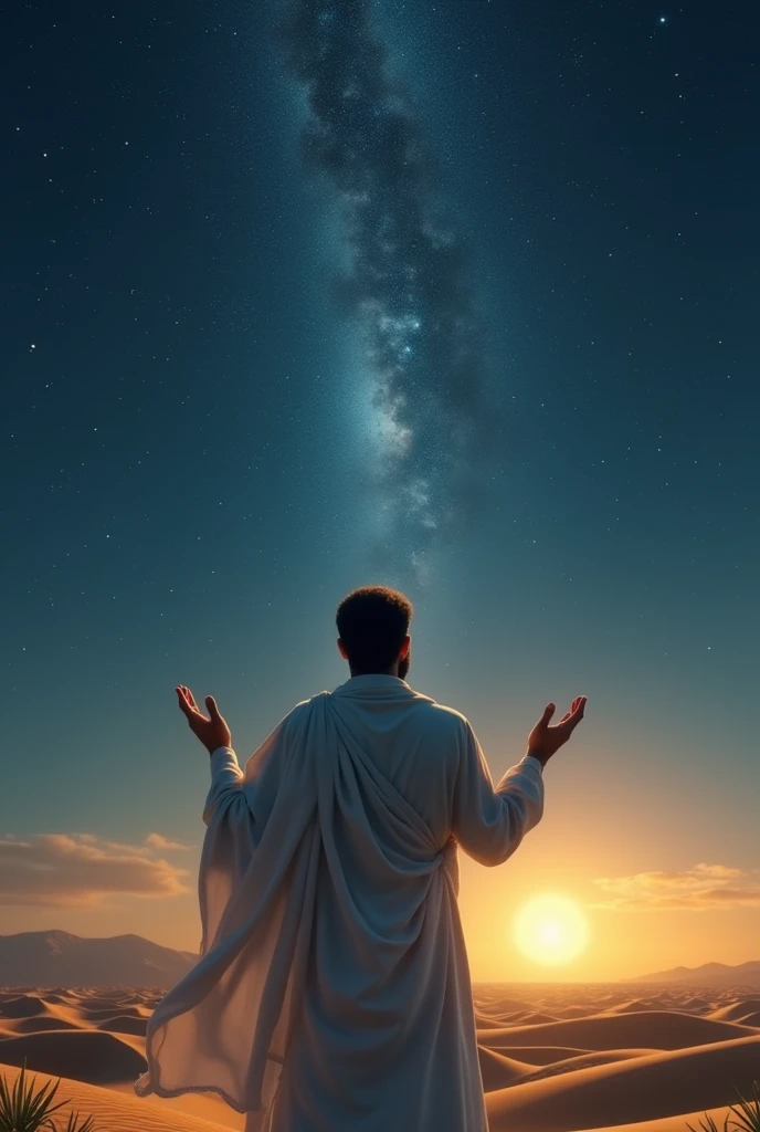 Back view of the Prophet praying to Allah with both hands raised towards the starry sky at night in the desert Like arabic fantasy story movie poster