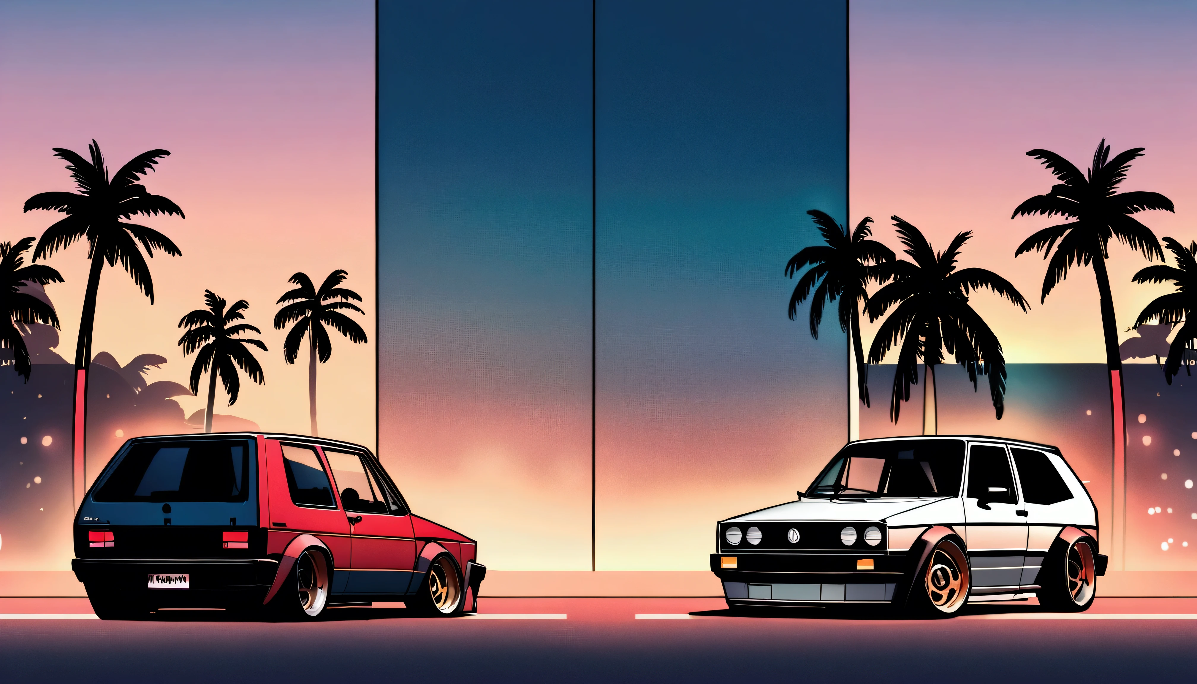 ((TShirt Design)), 1983 Volkswagen Golf GTI, Sunset background, Palm tree, Layers with 5 colors, Corner of the street, Berek's drum, Plethean,