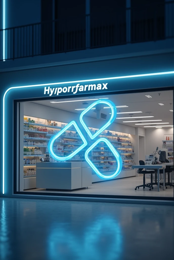 Futuristic logo about medicines for a pharmacy photo of the pharmacy with it name of the pharmacy hypoorfarmax 