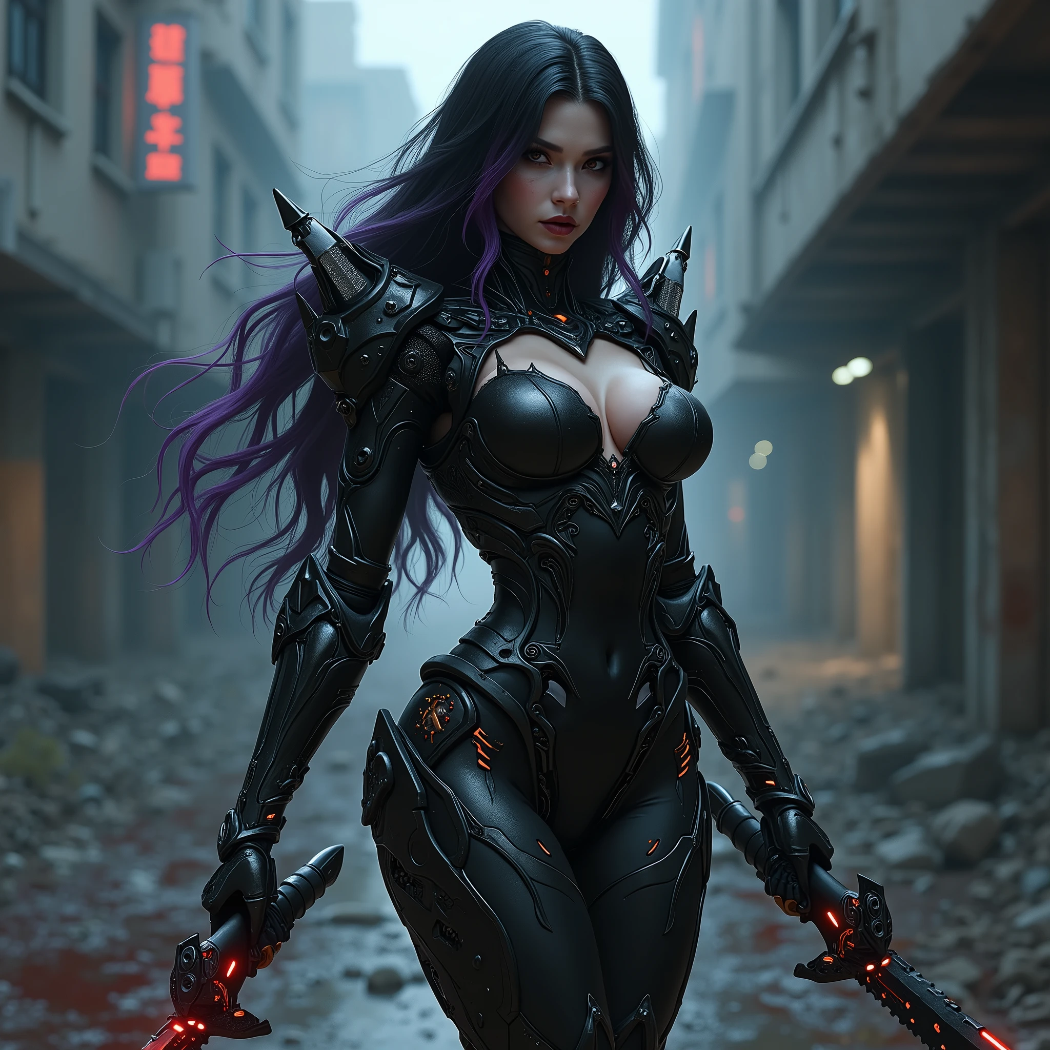 full body pose, wearing a mechanical suit, high heel boots,Mechanical wonder, Cyberpunk, Cybernetic Guardian, futuristic black armor, full body, front pose, symmetry, intricate (steel metal [rust]), joints, warframe style, cyborg, Most beautiful female body and revealing armor, large breast, seductive, temptation, eat your soul, cleavage, covered in blood, long flowing black hair with purple highlights, heavy gothic makeup, sith queen, evil empress, at night, blood puddles on the ground, wartorn ruins, stiletto heels, Holding a laser sword, full body action pose, full body combat pose, full war around her, explosions and fire 