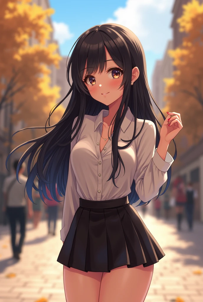 One woman、((3D Animation))、cute、1、Shiny black hair、Long Hair、Random Pause、Random outfit、cute服、Laughter、Sexy pose、Dating in the city、mini skirt、Beautiful clothes、Low angle、