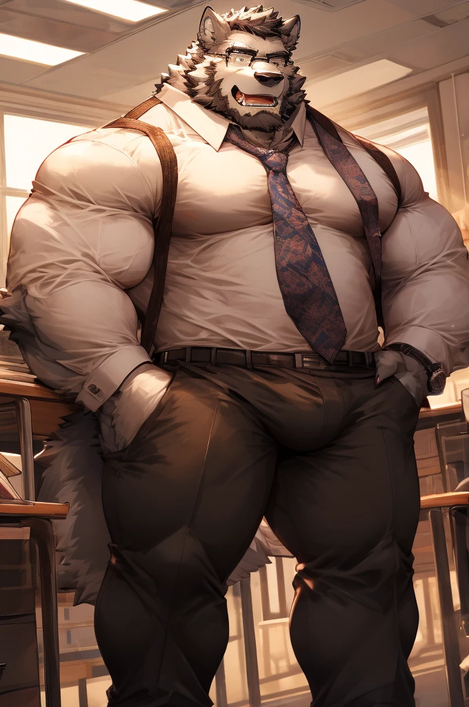 Furry, wolf, man, bara, muscular, fit, mature, teacher, tight white shirt, tight black pants, tie, glasses, pants bulge, looking gruff, high resolution, high quality