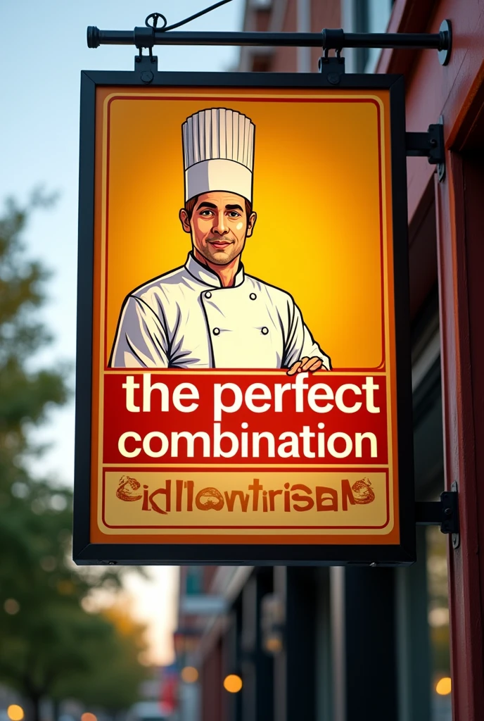HORIZONTAL SIGN OF A RESTAURANT WITH A CHEF, AND THAT THE RESTAURANT SAYS &#39;&#39;THE PERFECT COMBINATION&#39;&#39; ON THE SIGN THAT IS IN YELLOW COLOR, red and orange