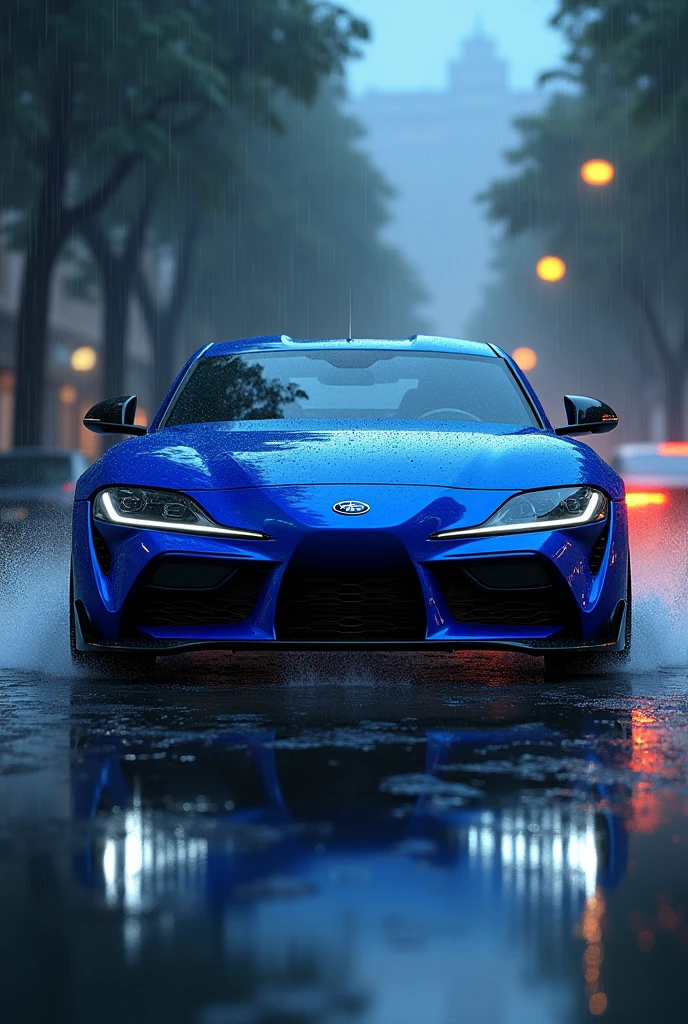 Blue car in roed in rain of water
