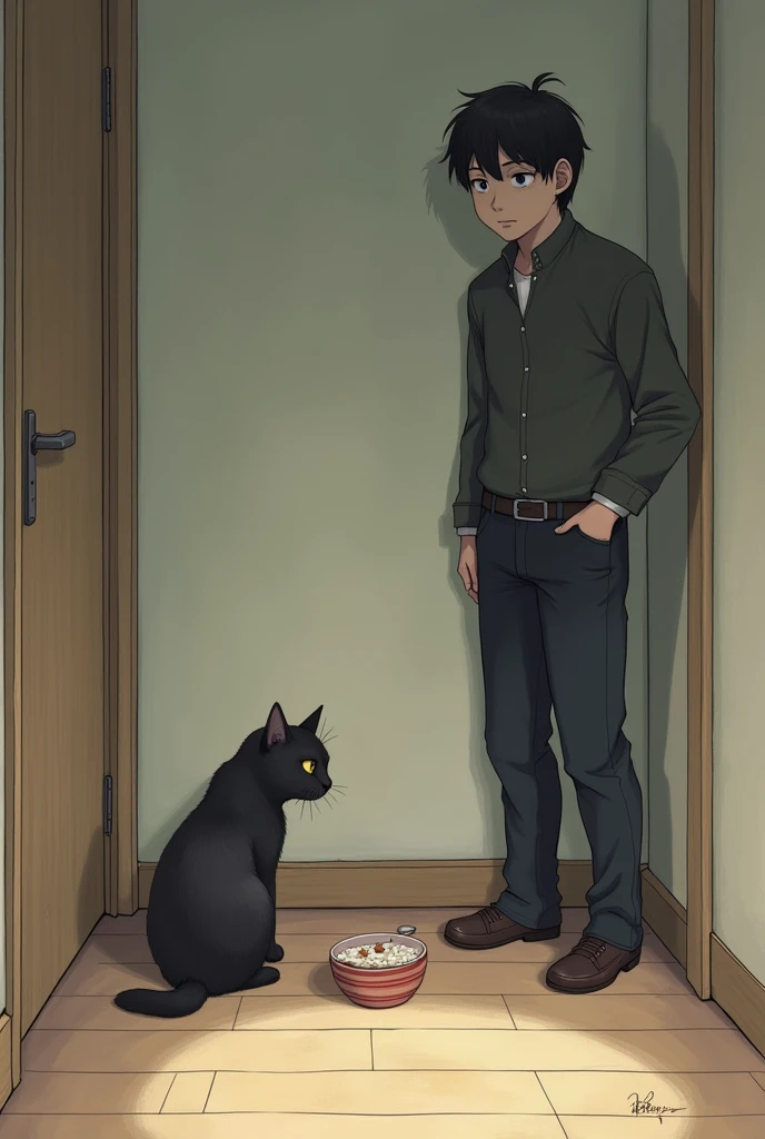 The cat sits in a corner with a small, sad-looking portion of food in front of it, clearly being put on a diet. The owner stands nearby with a stern but caring look.