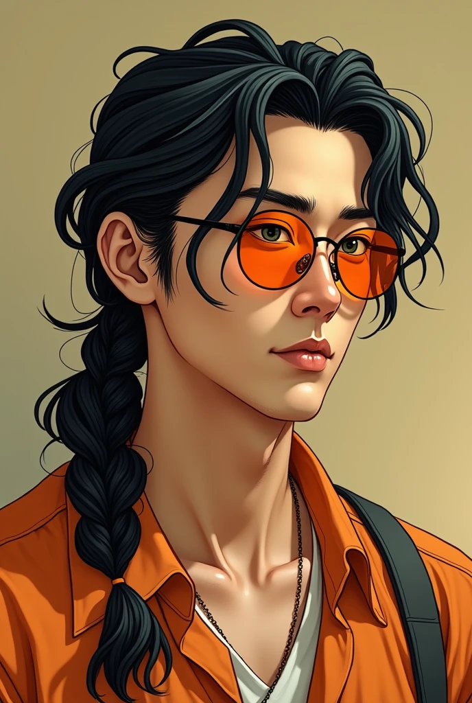 (photorealism:1.2), Japanese man, has mullet hair tied in French braid, has sleepy green eyes, wearing orange sunglasses, has aquiline nose, has sharp jawline, relaxed pose, realistic, intricate details, warm colors, by Greg Rutkowski, by Alphonse Mucha