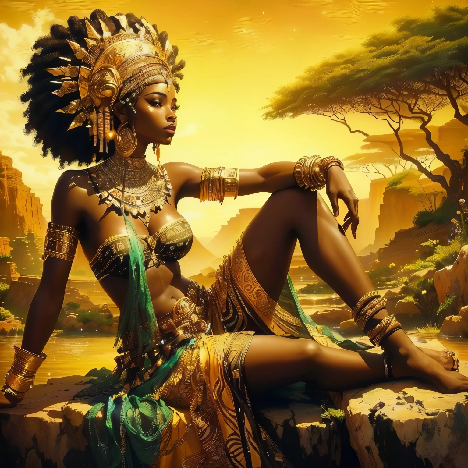 Негритянка женщина с Tigerом на плече, digital art by John La Gatta, winner of the shutterstock competition, Afrofuturism, Smooth black woman, stunning African Princess, black African Princess, The African Queen, African Princess, Tiger, African mythology, kemetic, Dark-skinned woman-goddess of love, Black lioness made of resin