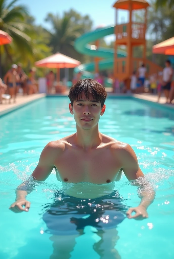 The 20 year old normal faty boy swimming in water park and have short straight hairs