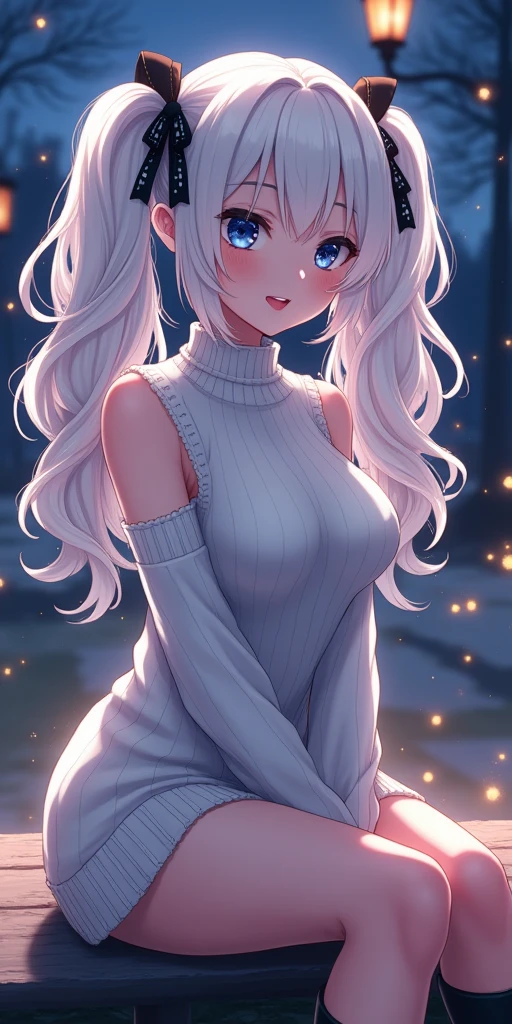 (best quality, ultra-detailed, photorealistic: 1.39), bright and vibrant colors, studio lighting, romantic expression, An effeminate girl, with a delicate and beautiful face. She is a girl who reflects seductive beauty, sparkling eyes, A Beautiful and adult woman and voluminous curly white hair, voluminous and long pigtails, hair clip, crying a seductive 2 woman with big breasts seduces, matches the makeup, with her large breasts seduces, Turtleneck sweater, white wool, sleeveless, beautiful sweater dress, sitting, with beautiful legs, ankle boots, with her blue eyes that matches her soft smile, black gothic style, in a beautiful pose demonstrating her seduction on the in the park at night, beautiful event gothic style decoration with lights and fireworks, night with soft lighting, anime style, like a manwha character