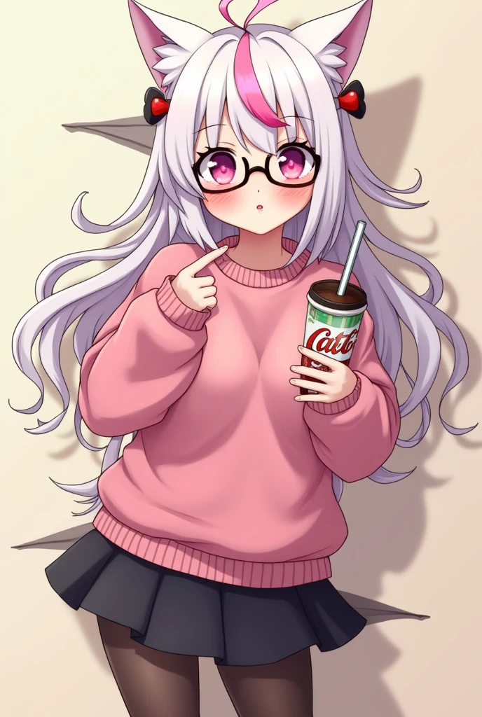 I have white pink hair, cat ears, A good, My face is super flushed, black glasses, pink heart eyes, a big pink sweatshirt, a black skirt, black stockings, White shoes, A cat'cola, A woman. very shy that is stuck to a wall with her butt