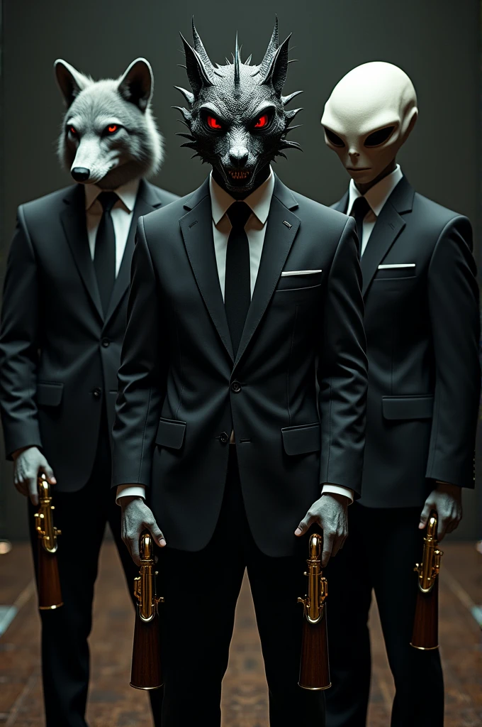 3 men in suits with super realistic masks , One is of a dragon on the right with slanted red eyes., A marijuana joint in his hand, A golden face and purple paint.A gray wolf with erect ears.., an alien , The three of them standing in elegant black suits, All 3 with different high-caliber weapons plated in gold and wood.