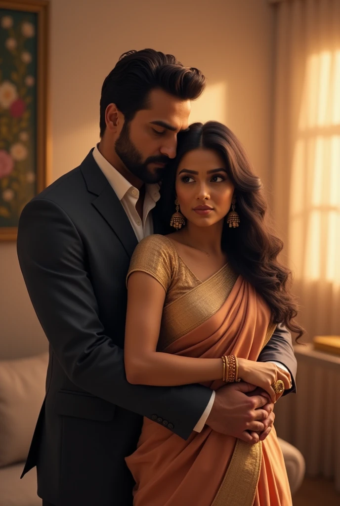 A beautiful Indian woman in a red sari, a prostitute with a pretty face, stands facing each other, a rich man is sitting next to her.