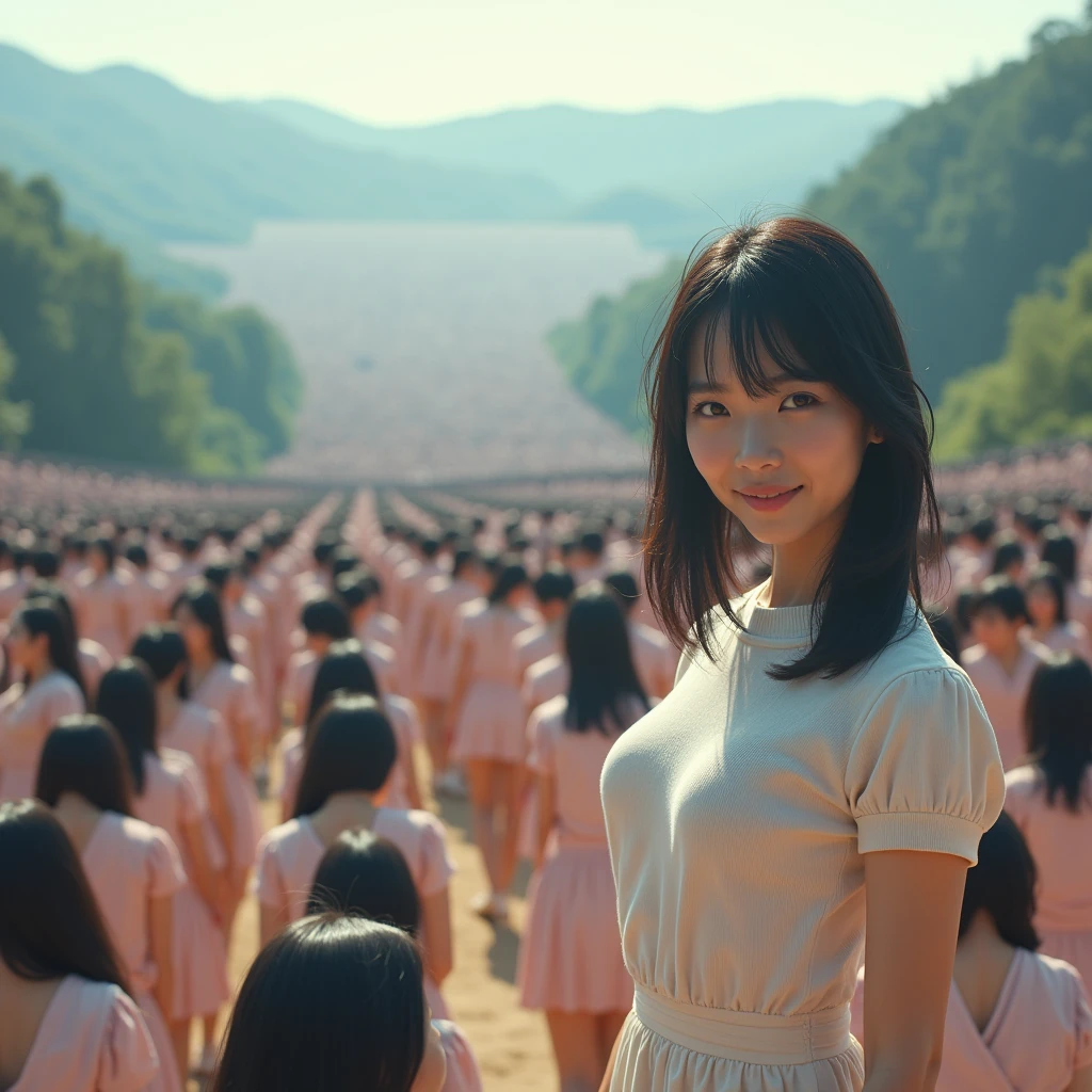 (((((Japanese Clone girls=Myself)))))), (((Best Super High quality Myself Clone girls Raw Photography Art))), (16K, Highest quality, Ultra-high resolution, RAW Photos), (((It's so unrealistic., With unparalleled depiction, With an unfathomable sight, An unprecedented and shocking worldview, Clone girls in a world of mass reproduction, Ultra-realistic))), (((Japanese, woman, 20yo, Saito-Asuka))), (Small face, ((Thick black hair, Semi-long hair))), ((V-neck short-sleeve dress)), (((((Very detailed美しい女体, Accurate body structure, Very detailed完璧な, Super busty body with very large breasts, Clearly emphasizes cleavage))))), (((Dark Eyes, Mature face, Cute Smile, A gentle gaze))), (((Her happy and smiling expression is so cute))), ((((((((Very detailed分身増殖描写, ((1girl→Myself cloning→1,000,000,000,000,000,000,000,000,000,000,000,000,000,000,000,000,000,000,000,000Myself Clone girls)))))))))), ((((((((Very detailed, The precise depiction of the proliferation of Myself Clone girls, ((With the perfectly identical bodies of Myself clone girls, With the exact same face as the Myself clone girls, With the exact same hairstyle as the Myself clone girls, In the exact same clothes as the girls who are my clones, Perfectly the same height as the Myself clone girls, Super big breasts, just like the Myself clone girls)))))))))), (((Myself clone girls only))), (((Multiple pairs, Very detailed depiction, (Myself clone girls hug each other, Myself clone girls assemble, Fun conversations with fellow Myself clone girls, A fun conversation between Myself clone girls, Myself clone girls holding hands, Walking with lots of Myself clone girls, turn around, look at me)))), (((Everyone looks at the camera))), (((Unbelievably crowded, Transcendent Myself clone girls intimately, Countless Myself clone girls surround you in 360 degrees))), (Bright, soft sunlight), (((Very wide field of view, Very detailed, Detailed ultra-perspective depiction with clear depth, super wide view))), (((((Scenery with a steeply curving slope))))), (((Very photographic and detailed depiction, Myself clone girls will multiply infinitely and fill the surroundings from one side to the horizon with their bodies tightly packed together without any gaps., A scene of endless Myself clone girls and a fun atmosphere))), (Focus on the average value of the image)