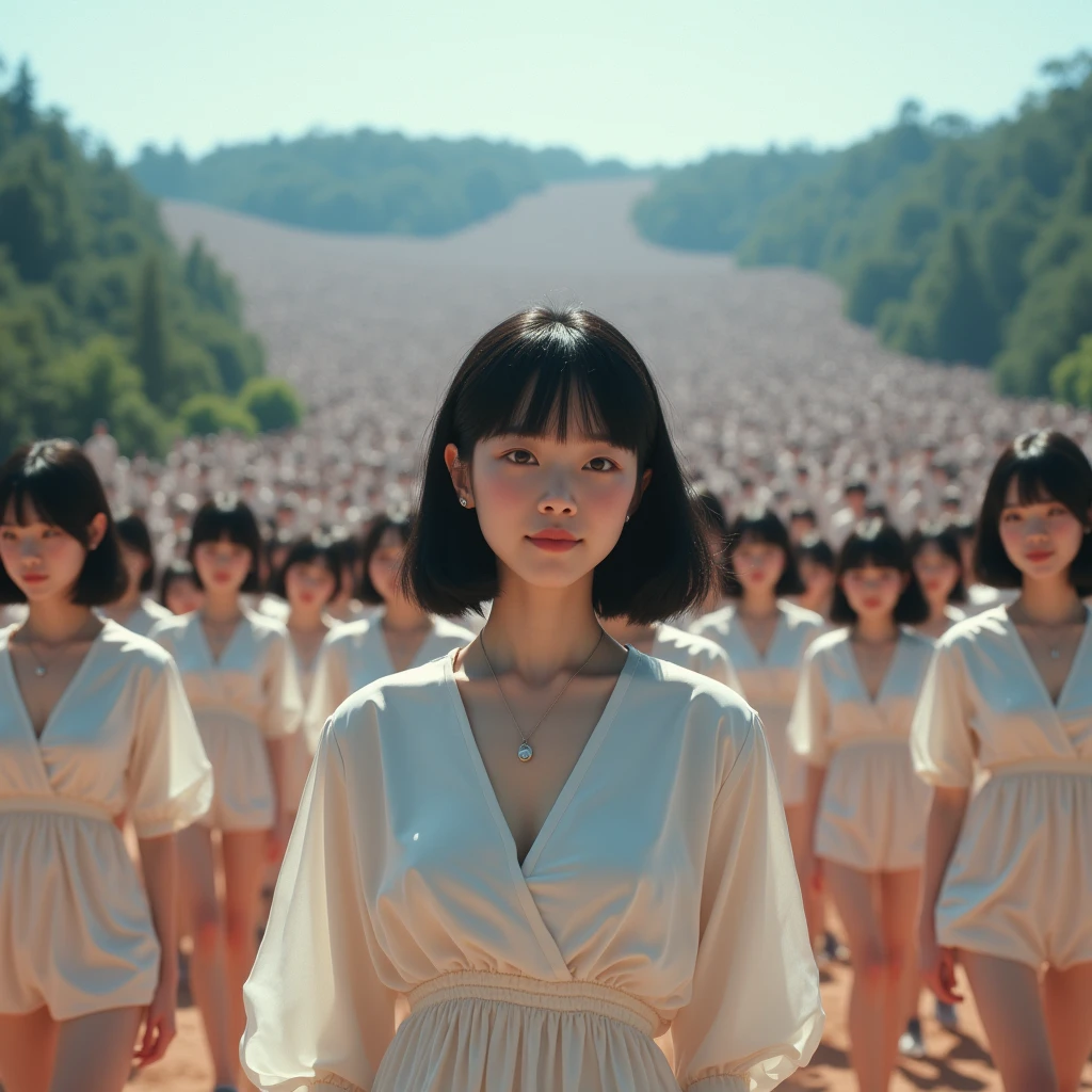 (((((Japanese Clone girls=Myself)))))), (((Best Super High quality Myself Clone girls Raw Photography Art))), (16K, Highest quality, Ultra-high resolution, RAW Photos), (((It's so unrealistic., With unparalleled depiction, With an unfathomable sight, An unprecedented and shocking worldview, Clone girls in a world of mass reproduction, Ultra-realistic))), (((Japanese, woman, 18yo, hashimoto-kanna))), (Small face, ((Thick black hair, Semi-long hair))), ((V-neck short-sleeve dress)), (((((Very detailed美しい女体, Accurate body structure, Very detailed完璧な, Super busty body with very large breasts, Clearly emphasizes cleavage))))), (((Dark Eyes, Mature face, Cute Smile, A gentle gaze))), (((Her happy and smiling expression is so cute))), ((((((((Very detailed分身増殖描写, ((1girl→Myself cloning→1,000,000,000,000,000,000,000,000,000,000,000,000,000,000,000,000,000,000,000,000Myself Clone girls)))))))))), ((((((((Very detailed, The precise depiction of the proliferation of Myself Clone girls, ((With the perfectly identical bodies of Myself clone girls, With the exact same face as the Myself clone girls, With the exact same hairstyle as the Myself clone girls, In the exact same clothes as the girls who are my clones, Perfectly the same height as the Myself clone girls, Super big breasts, just like the Myself clone girls)))))))))), (((Myself clone girls only))), (((Multiple pairs, Very detailed depiction, (Myself clone girls hug each other, Myself clone girls assemble, Fun conversations with fellow Myself clone girls, A fun conversation between Myself clone girls, Myself clone girls holding hands, Walking with lots of Myself clone girls)))), (((Everyone looks at the camera))), (((Unbelievably crowded, Transcendent Myself clone girls intimately, Countless Myself clone girls surround you in 360 degrees))), (Bright, soft sunlight), (((Very wide field of view, Very detailed, Detailed ultra-perspective depiction with clear depth, wide view))), (((((Landscape with a curved slope))))), (((Very photographic and detailed depiction, Myself clone girls will multiply infinitely and fill the surroundings from one side to the horizon with their bodies tightly packed together without any gaps., A scene of endless Myself clone girls and a fun atmosphere))), (Focus on the average value of the image)