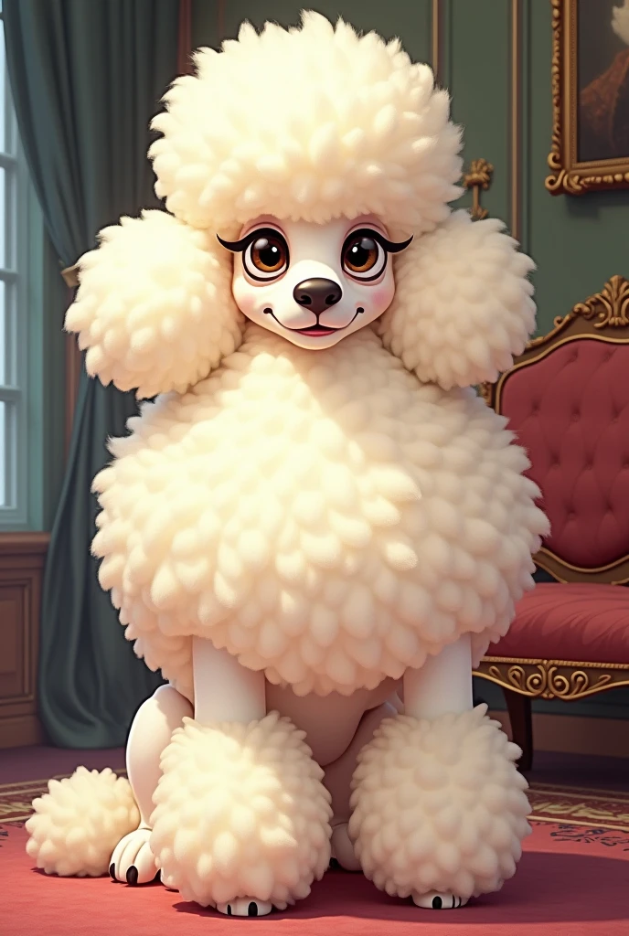 Create a design of a snooty giant poodle dog with a proud posture in animation for a book cover