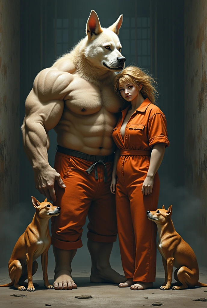 Strong humanoid dog in prison uniform receiving a visit from his wife, muscular humanoid dog with his small muscular humanoid children