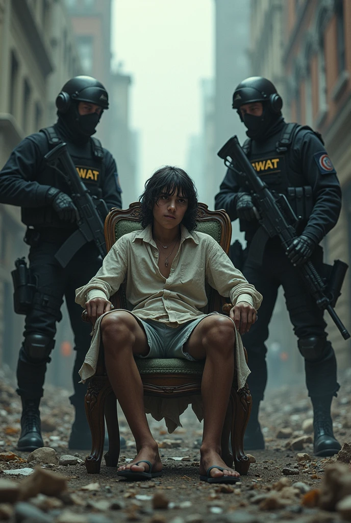 Un garçon mi-ange mi-démon est attaché à une chaise au milieu d'une ville dévastée par les tempêtes, tandis que les gens fuient et que deux agents du SWAT le menacent avec leurs armes pointer sur sa tête .