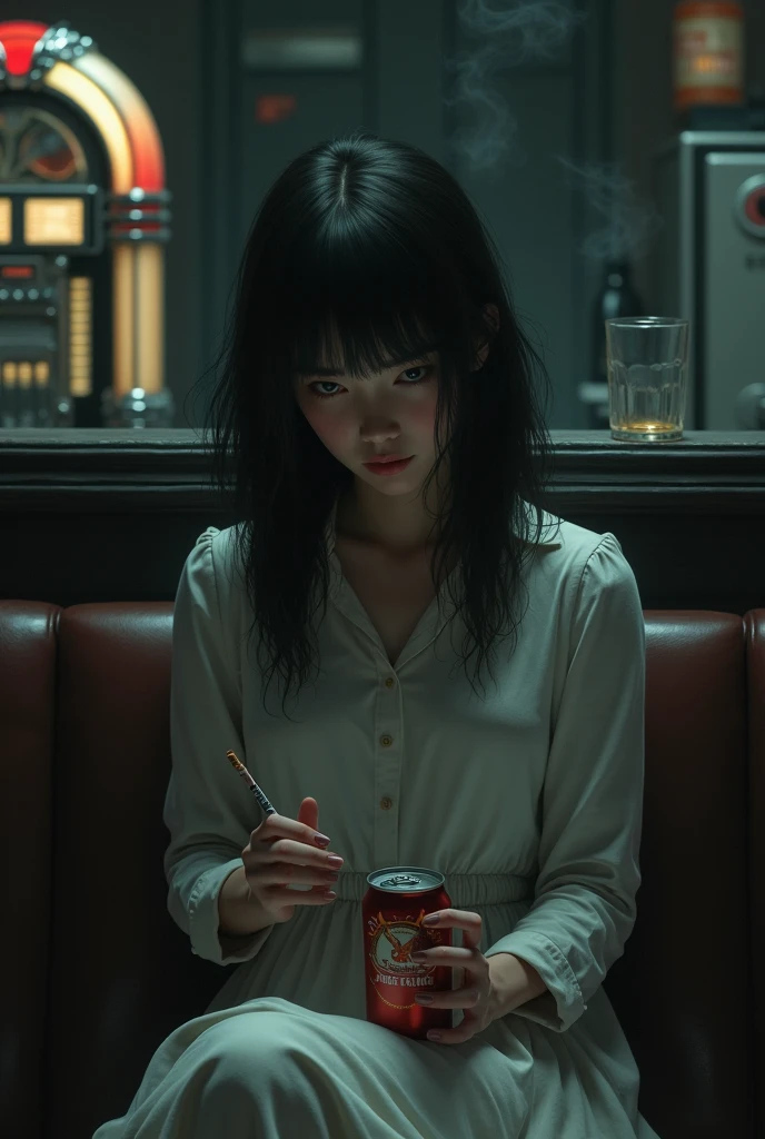 girl sitting sad with one hand holding a can of beer, cigarette holder