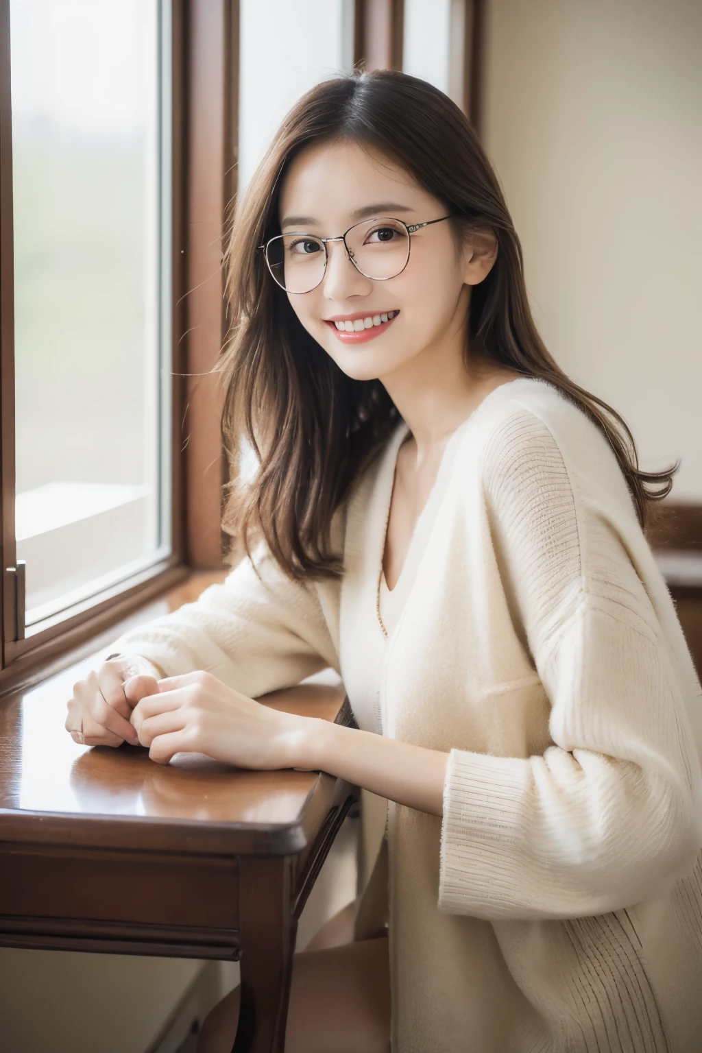 ((masterpiece, Top image quality, High resolution、alone、shiny skin))(on the table, best quality, actual, Super detailed, meticulous, High resolution, 8k wallpaper), Close-up portrait of a beautiful woman wearing glasses, like, Smiling, light brown messy hair, Perfect dynamic composition, 美丽meticulous的眼睛, Just like the cover of a fashion magazine, On campus