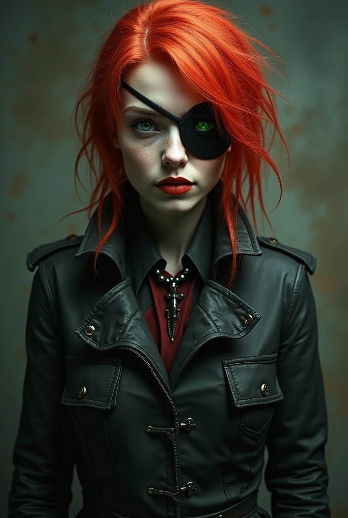 Adult with red hair and one eye with a patch and the other green, with worn out vampire colored clothes 

