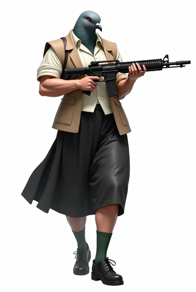 (front:1.6), A gray female pigeon wearing an off-white collared short-sleeved shirt, a light brown vest, a knee-length black skirt, dark green socks and black shoes.、Gray female pigeon with muscles like a bodybuilder shooting a gun、Background is white