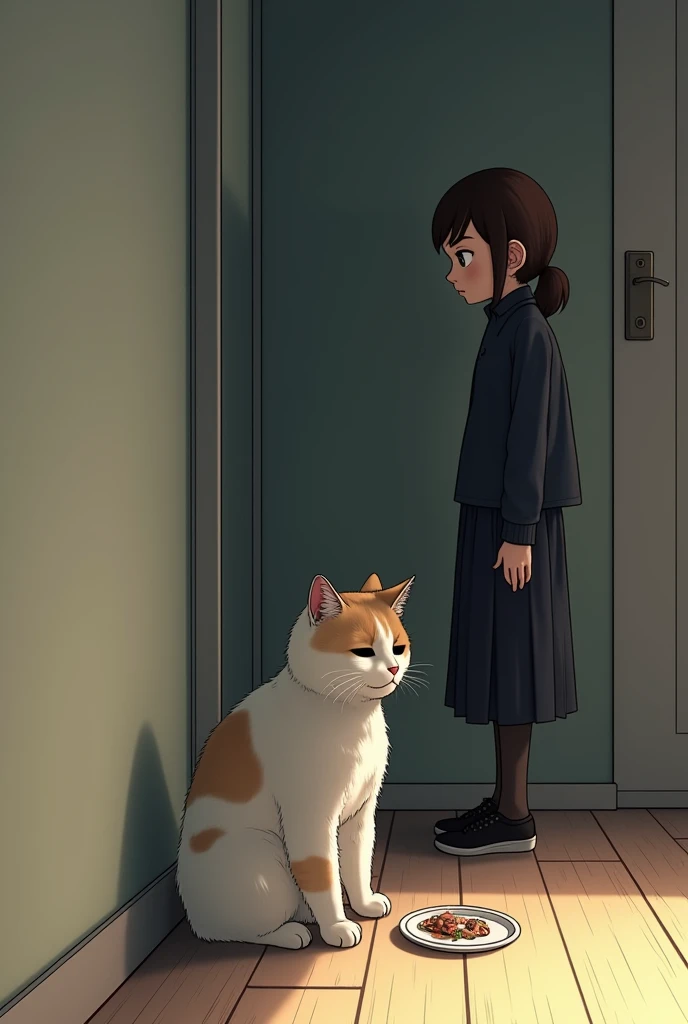 The cat sits in a corner with a small, sad-looking portion of food in front of it, clearly being put on a diet. The owner stands nearby with a stern but caring look.