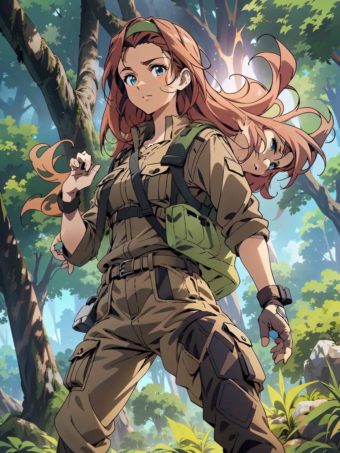 8k, Highly Detailed, Masterpiece, source_anime, best quality, beautifully detailed eyes and beautifully detailed hair, 1girl, solo, Anime-style character illustration set against a solid black background. The character is a young woman with fair skin, long reddish-brown hair, and green eyes. She is wearing a green headband, a light grey long-sleeve shirt, and a brown utility vest with multiple pockets. Her outfit includes brown cargo pants with black straps and black combat boots. The character's facial expression is neutral, and she stands with one hand resting on her hip, exuding a confident and composed demeanor, The background is a lush, green forest with a bright blue sky and fluffy white clouds, creating a vibrant and lively atmosphere