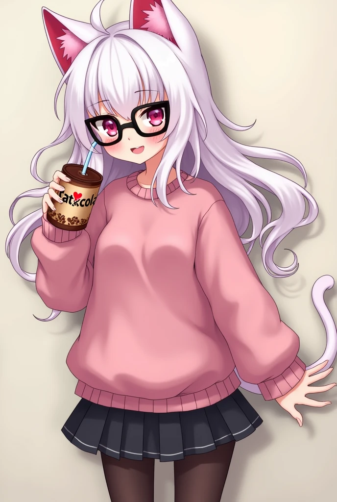 I have white pink hair, cat ears, A good, My face is super flushed, black glasses, pink heart eyes, a big pink sweatshirt, a black skirt, black stockings, White shoes, A cat'cola, A woman. very shy that is stuck to a wall with her butt