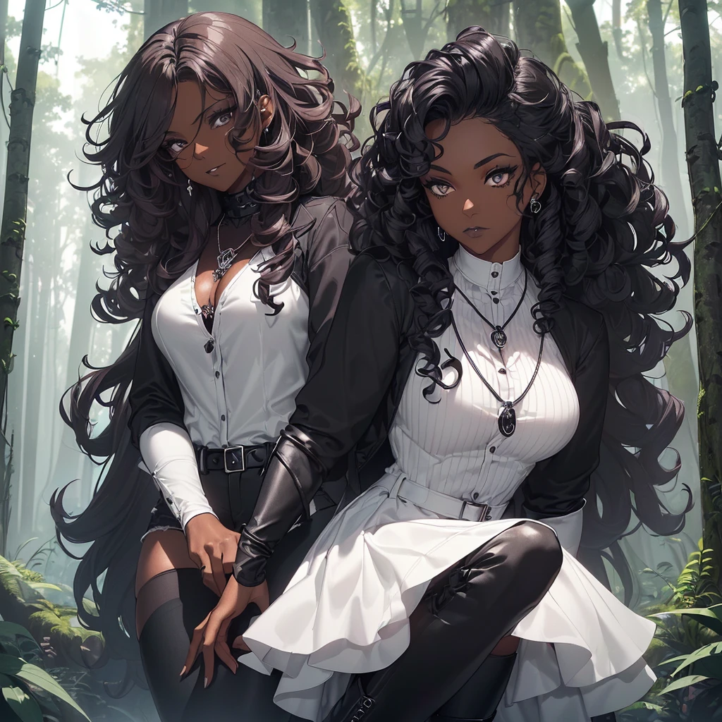 ((A dark-skinned adult woman having curly hair, the woman's style is gothic wearing a white dress shirt and black jeans while wearing black boots, she wears black fingerless gloves while having a skull pendant necklace)) ((daytime lighting)) ((forest scenery)