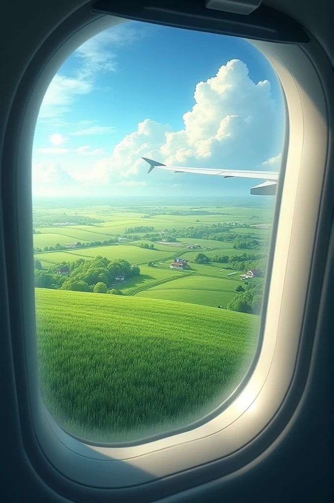 Create an image seen from inside an airplane window where a green corn field can be seen 