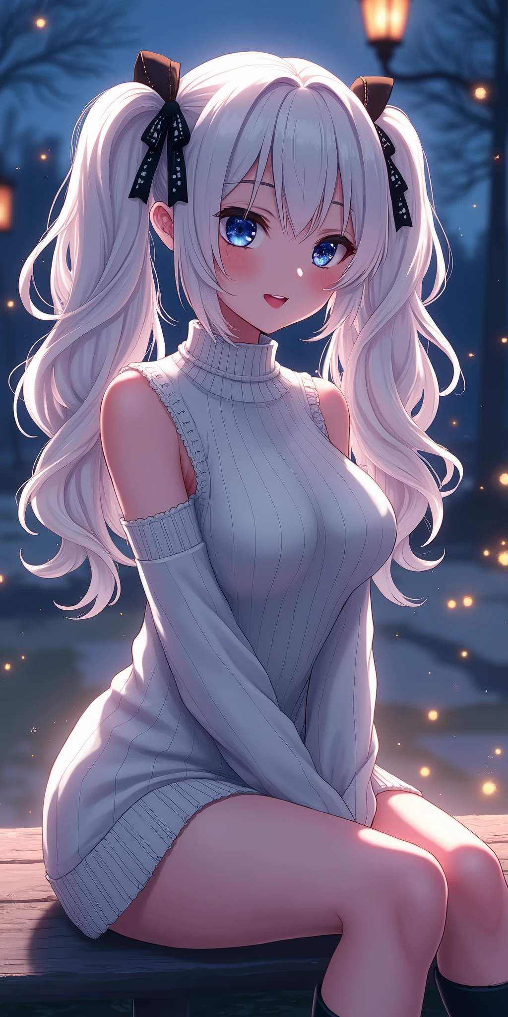 (best quality, ultra-detailed, photorealistic: 1.39), bright and vibrant colors, studio lighting, romantic expression, An effeminate girl, with a delicate and beautiful face. She is a girl who reflects seductive beauty, sparkling eyes, A Beautiful and adult woman and voluminous curly white hair, voluminous and long pigtails, hair clip, crying a seductive 2 woman with big breasts seduces, matches the makeup, with her large breasts seduces, Turtleneck sweater, white wool, sleeveless, beautiful sweater dress, sitting, with beautiful legs, ankle boots, with her blue eyes that matches her soft smile, black gothic style, in a beautiful pose demonstrating her seduction on the in the park at night, beautiful event gothic style decoration with lights and fireworks, night with soft lighting, anime style, like a manwha character