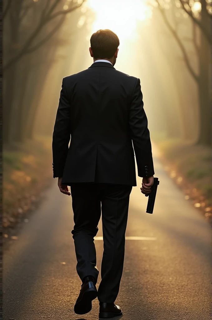 a man walking and holding a pistol in left hand from behind