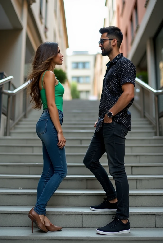 A woman and a men are talking on the wide stairs the women is wearing a green top and jeans , the men is wearing a black printed shirt, jeans , spec and black sneakers.